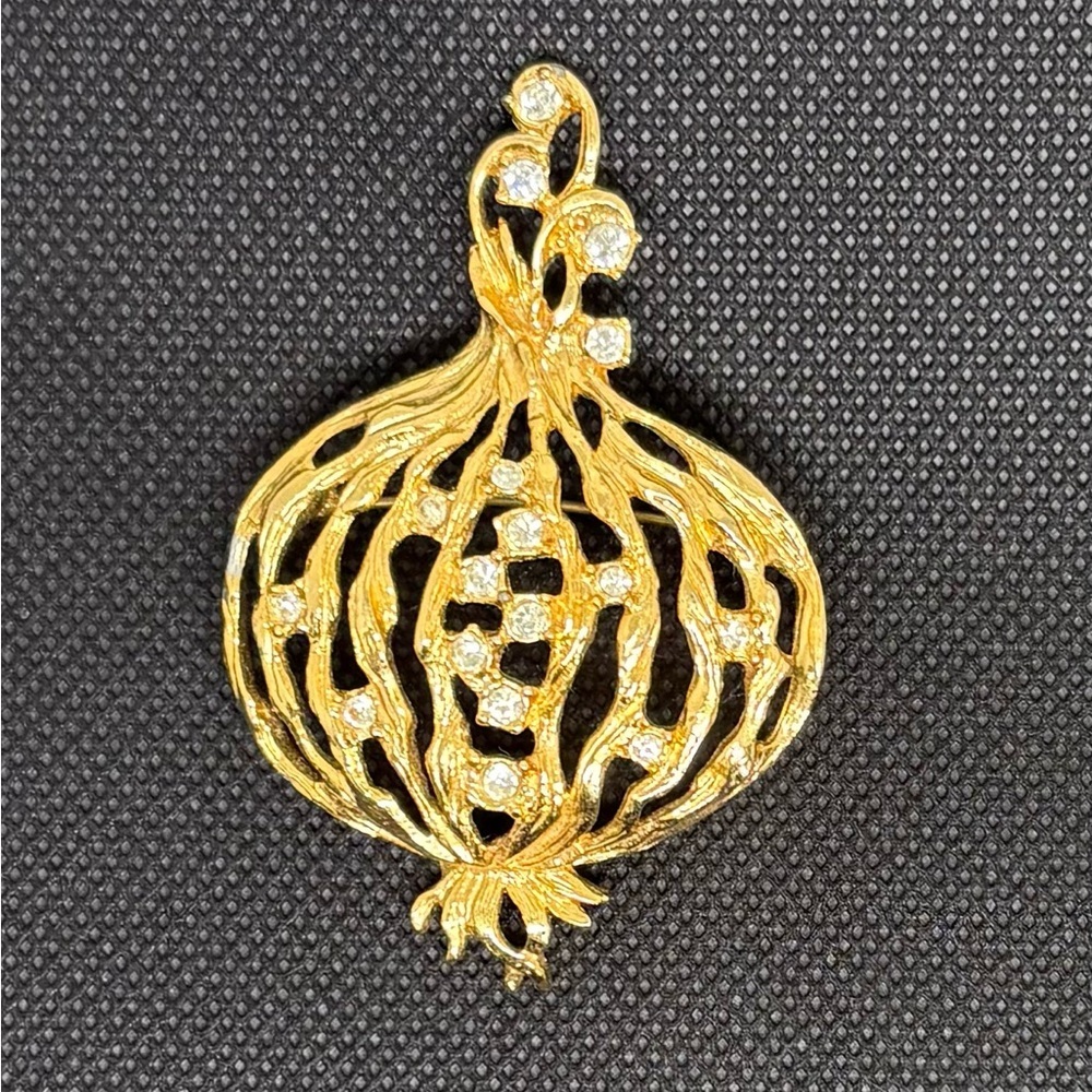 VINTAGE Statement Gold Open-Work Pomegranate/Onion Or Pumpkin Rhinestone Brooch